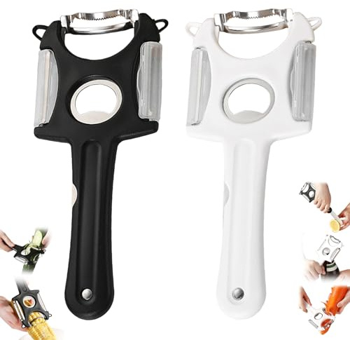 4-in-1 Multifunctional Vegetable Peeler with Bottle Opener, Stainless Steel Blades, Wide Blade, Ergonomic ABS Handle for Potato, Carrot and Cucumber (W & B)