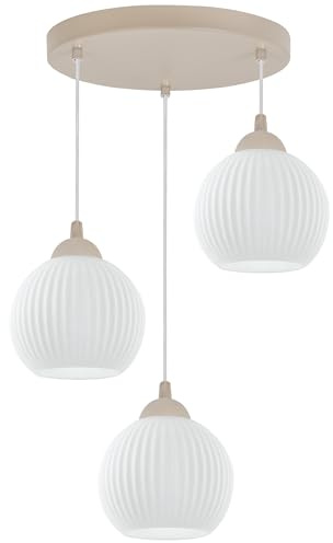 Light Home LH Hängelampe Riffle Kaschmir 3-flammig – Pendelleuchte mit weißen Kugeln 14 cm, moderne Deckenlampe, Kabelaufhängung, E27 Fassung, stilvolle Wohnzimmerlampe