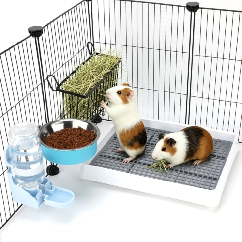 FHTONGE 4 in 1 Guinea Pig Litter Box with Feeder Combo Set for Cage | Metal Hay Rack, Water Bottle, Food Bowl, Low Entry Trainer Tray, Bunny Toilet and Feeder for Small Animal Rodent Ferret Rat