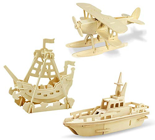 Georgie Porgy Hölzerne 3D Puzzle Sammlung Puzzle Modell Kit Baukasten Holzhandwerk Kinder Puzzle Pädagogisches Spielzeug DIY Geschenk Packung 3 (Wasserflugzeug Piratenschiff Rettungsboot)