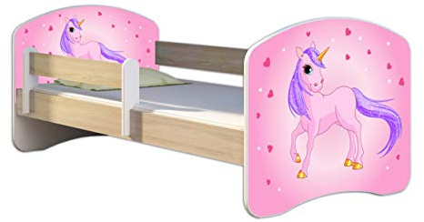 ACMA Kinderbett 140x70 Jugendbett mit Matratze, Farbe Sonoma mit Rausfallschutz Lattenrost II Spielbett Kinderzimmer Möbel, 17 Pony
