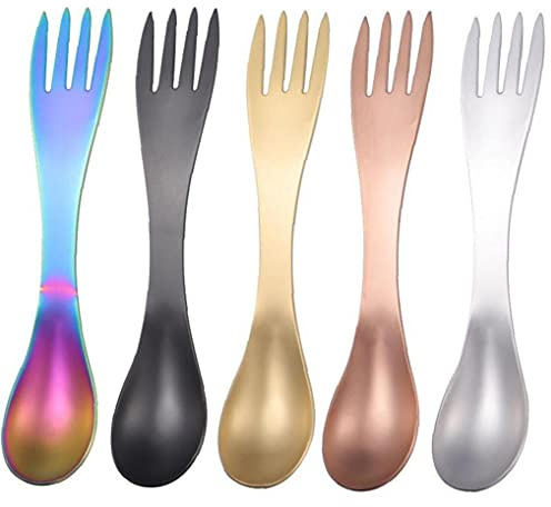 PiniceCore 5 Stücke 2 in 1 Gabelspoon Combo Set Portable Edelstahl Spork Utensil Für Camping Reise Picknick Büro Outdoor