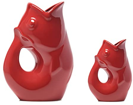 Gurgle Pot Fischkrug, 2 Stück, Urban Red, French Inspired Design, großer Krug 1,2 l mit passender 85 ml Milchkännchen, perfektes Geschirr für drinnen oder draußen. 107 ml Flüssigkeit und 90 ml