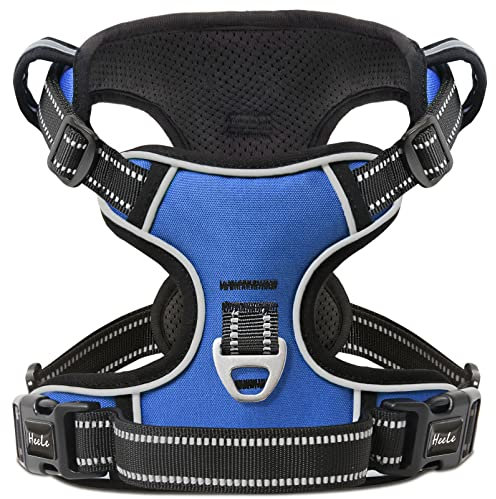 HEELE Dog Harness, Reflective Dog Harness, with Padded Handle Control, 2 Metal Rings, Harness for Small Medium and Large Dogs, Blue, L