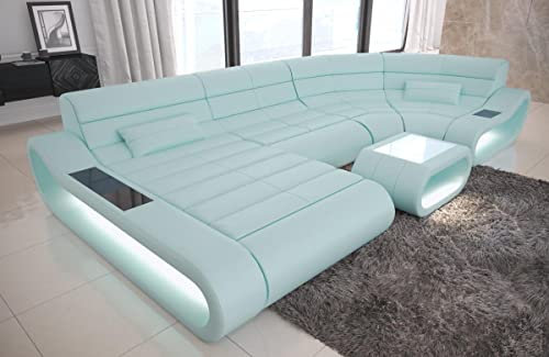 Wohnlandschaft Concept U Form Sofa in Leder - mit LED Beleuchtung, ergonomische Rückenlehnen, Recamiere/Lederfarben wählbar/Ausrichtung Ottomane wählbar (Ottomane Links, Mint)