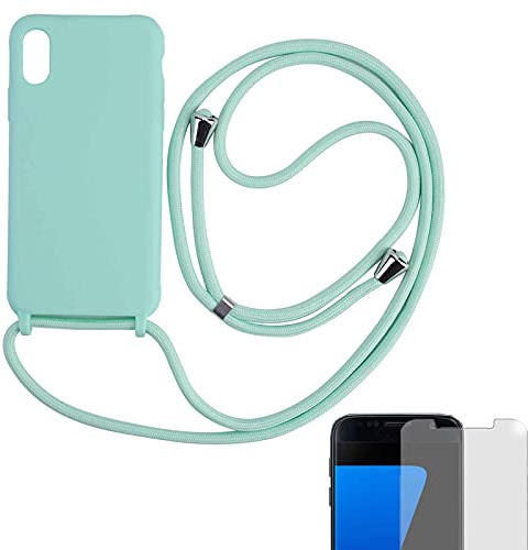 Eximmobile Hülle mit Band + 9H Panzerfolie Kompatibel mit Samsung Galaxy A51 (4G) in Türkis Handykette Rubber Handyhülle mit Kette für Smartphone Schutzhülle mit Kordel Matt Case