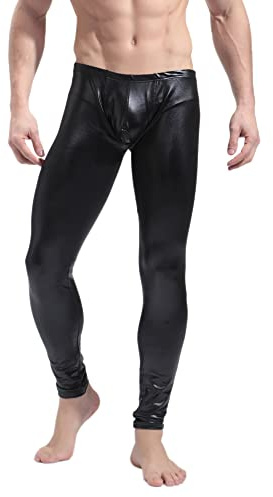 BaronHong Pantalones Ajustados de Cuero sintético para Hombre Pantalones Largos de Mallas metálicas para Club Nocturno para Hombre (Negro, L)