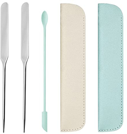 2 espátulas de base de acero inoxidable, base de maquillaje, lápiz de tinte, juego de espátulas, herramientas de maquillaje facial con 2 estuches de cuero y 1 espátula verde