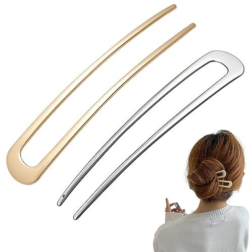 2 Stück U-Förmige Haarnadel French Style Hair Clip Metall Vintage Haarnadel Gabel Sticks 2 Zinken Updo Frisur Chignon Pins Hair Styling Zubehör Für Frauen Mädchen Dame (Gold, Silber)
