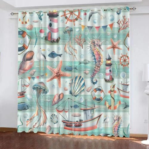 GIOVIA 3D Seestern Gardinen Abdunkelnde Maritim Seestern Kindervorhänge Vorhang mit ösen 2er Set Vorhänge Blickdicht Verdunkelungs für Kinderzimmer Schlafzimmer Wohnzimmer B 140 X H 160 cm