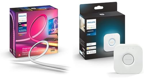 Philips Hue Bridge 2.0, Pont de connexion, fonctionne avec Alexa, Google Assistant et Apple HomeKit White and Color, Lightstrip Hue Play gradient PC, écran 3x 24-27 pouces, synchronisation
