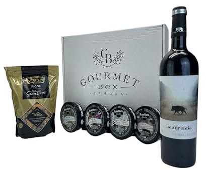 Cesta gourmet para regalar,Gourmet Box Vino de Toro Madremia, Paté Ciervo Paté Perdiz Crema de Queso de Cabra fundido Paté Jabali (Madremia.)