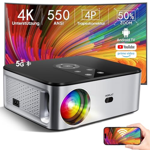 HORLAT Beamer 4K Heimkino Unterstützt, 25000 Lumen, Native 1080P WiFi Bluetooth Projektor, Auto/4P/4D Trapezkorrektur, 50% Zoom Projector, Eingebaute APP/WiFi Mirroring Smart Beamer
