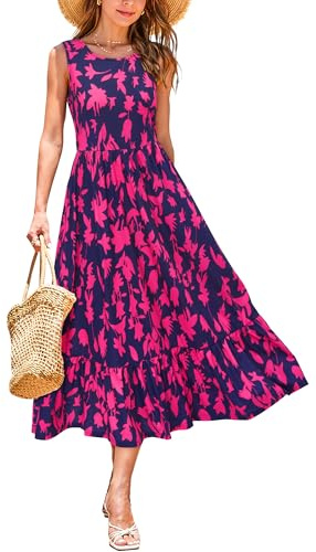 STYLEWORD Women's Summer Dress Sleeveless Floral Midi Dresses Ladies A Line Swing Casual Sundress with Pockets, M