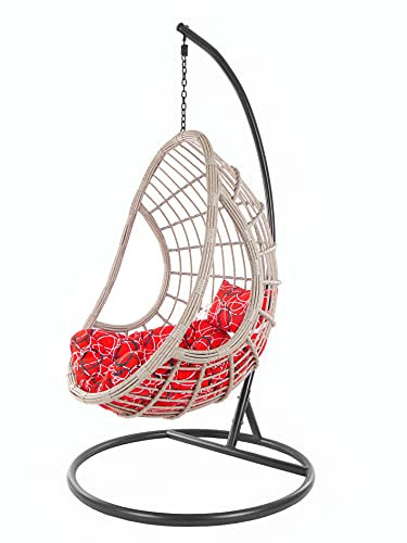 Kideo Komplettset: XXL Hängesessel mit Gestell & Kissen, Korbsessel, Poly-Rattan, grau-beige (Kissen: Chesterstepp rot Gemustert [3088 red Frizzy], Korb: grau-beige Melange, Gestell: dunkelgrau)