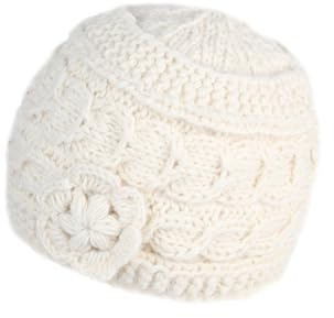 Pachamama Bonnet en laine tricoté à la main avec fleur - Taille unique - Fait à la main - Commerce équitable, crème, Taille unique