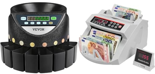 VEVOR Compteuse de Pièces 220 V, Petite Trieuse de Pièces de Monnaie 300 pièces par Minute & Compteuse de Billets Professionnelle Euro, Détecteur de Faux Billets par UV MG Contrefacon