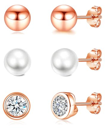 Josfeva Silverörhängen örhängen för kvinnor, 3 par 925 sterlingsilver stiftörhänge set, 4 mm kulor/vita pärlörhängen/örhängen med zirkon, allergivänligt brosk sömn örhängen set, 4 mm, Kubisk zirkonia