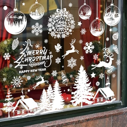 Weihnachtsdeko Fenster Fensterbilder Weihnachten Selbstklebend Groß, 197 Weiß Häuser Schneeflocken Fenstersticker Weihnachts Fensterbilder, Statisch PVC Winter Fensterbild Weihnachten Fensteraufkleber