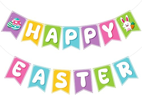 OHOME Easter Decorations - Happy Easter Banner | Bunny Party Decorations for Indoor Outdoor Outside - Bunny Egg Garland for Front Door | Easter Backdrop Wreath for Window Wall - Easter Decor