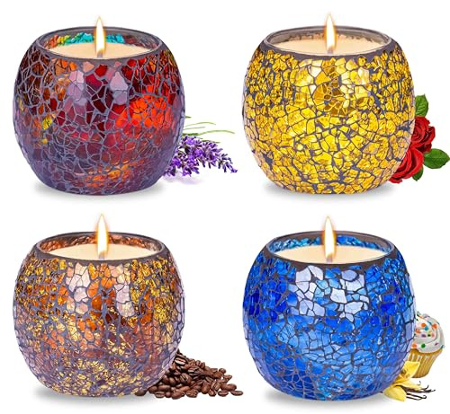 Larcenciel Mosaic Scented Candles Gifts for Women, 4 Pack Glass Soy Wax Candle Set - Rose Lavender Coffee Vanilla, 5.6 OZ Aromatherapy Candle Long Burning 120H for Birthday, Xmas, Yoga, Bath, Wedding