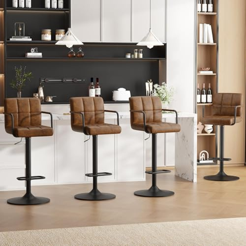 Ckaff Barhocker 4er Set, Barstuhl Höhenverstellbar aus PU-Leder, 360°Drehstuhl Küchenstuhl mit Armlehnen, Rückenlehne für Küche, Wohnzimmer, Esszimmer, Schwarzbraun