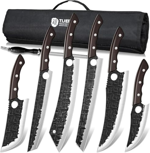 TIJERAS Butcher Knife Set, Hand Forged BBQ Viking Meat Cleaver Knives, Professional Chef Knife Set with Roll Bag for BBQ, Camping, Birthday Gifts for Men Women