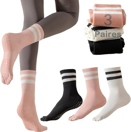 QUPOLPOL Non-Slip Yoga Toe Socks – Women’s Breathable Cotton Five-Toe Grip Socks for Pilates, Barre, Dance & Fitness, Secure Anti-Slip Sole, UK 3-7 (3 Pairs)