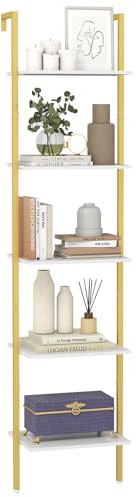 COSTWAY 5-Tier Ladder Shelf, Tall Narrow Wall Bookshelf Open Display Rack, Metal Frame Wooden Wall Mounted Bookcase Storage Shelving Unit for Living Room, Bedroom and Office, 43x30x178cm, White+Gold
