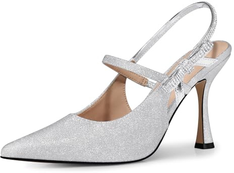 CELLENZ Women Kitten Heel Pumps: Pointed Toe Slingback High Heels - Silver Glitter Sparkly Bow Sexy Pump - Prom Shoes Night Party Size 7.5