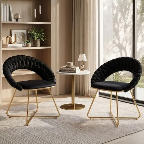Ya-Home Sessel 2er Set Schminkstuhl Samt gepolsterter Akzentstuhl mit gewebter Rückenlehne Loungesessel mit goldenen Metallbeinen für Wohnzimmer/Schlafzimmer, Schwarz