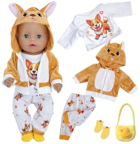 5 Stück Gelb Puppenkleidung 43cm mit Welpenprint Kapuzenjacke Oberteil Hose Tasche Socken für 35-43cm Puppen Outfit, 12-18 Zoll Puppenkleidung Zubehör Mädchen Geburtstag Geschenk