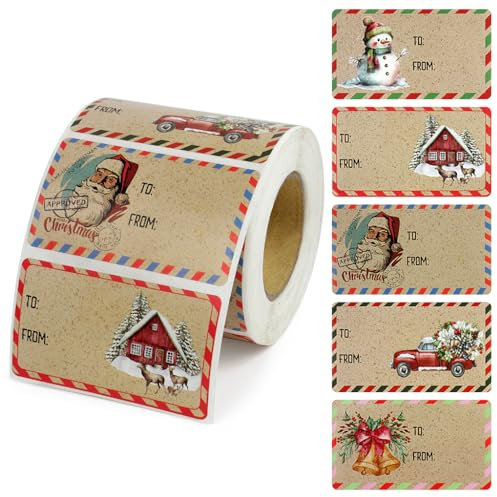 PYGHAP Gift Tags, Xmas Stickers Tags, Self-Adhesive Merry Christmas Name Tags fit for Presents Labels in Boxes, Bags, Envelopes, Card-Making and Package Decoration (Vintage-200PCS)