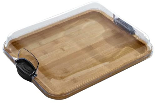 Tagliere in bambù, tagliere reversibile 2 in 1 con coperchio trasparente con chiusura a scatto e manici neri per verdure, frutta, salumi e snack.