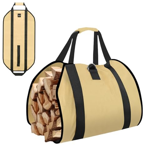 Log carrier bag, Waxed Canvas with Handles, 34 * 18.8 large firewood bag, outdoor log carrier, indoor fireplace accessories. Khaki