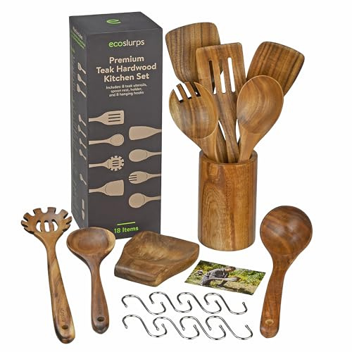 EcoSlurps Premium Teak Wood Kitchen Utensil Set - 8 Wooden Cooking Utensils, Spoon Rest and Storage Holder, 8 Hanging Hooks. Total 18-Piece Luxury Gift Set (18)
