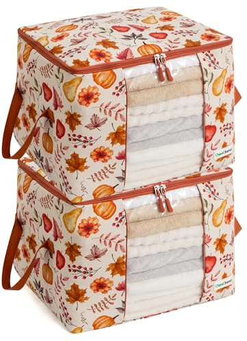 Chaos Cleared Canvas Storage Bags Designer Organizer 2 Pack – Seasonal Storage for Sweaters, Blankets, Linens & Garments – Foldable Design with Zip & Window (Autumn Print)