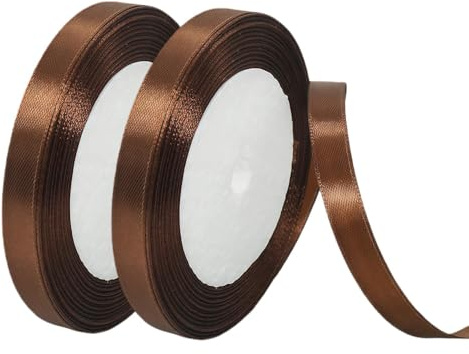 2 Rolls Brown Satin Ribbon 10mm x 22m, Gift Wrapping Ribbon for Presents, Crafts, Wedding, Florist Bouquets and Bows