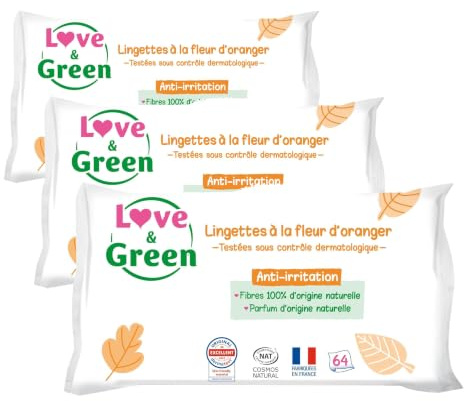 Love & Green Salviette per Neonati Ipoallergeniche allo 0% - Profumo di Fiori d'Arancio x64 (Confezione da 3)