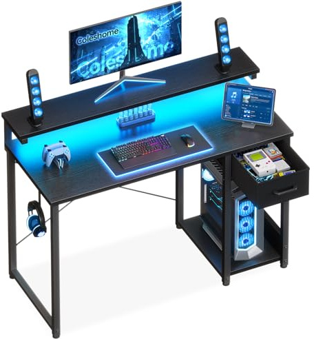 Coleshome Escritorio Gaming con Cajones de Tela, 100x45cm, Negro