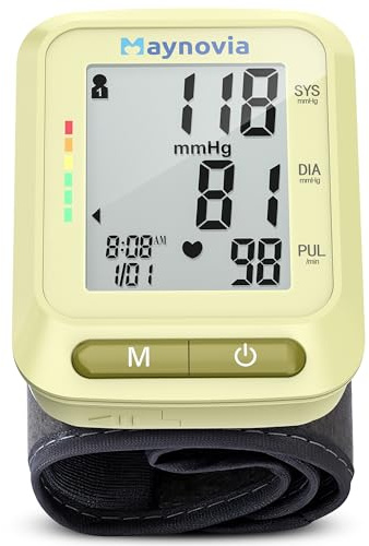 Maynovia Wrist Blood Pressure Monitor, Blood Pressure Cuff Wrist for Home Use, Automatic Digital BP Monitor with Large LCD Display, 2 User 120 Memory, Adjustable 5.3-8.5 Cuff (Yellow)