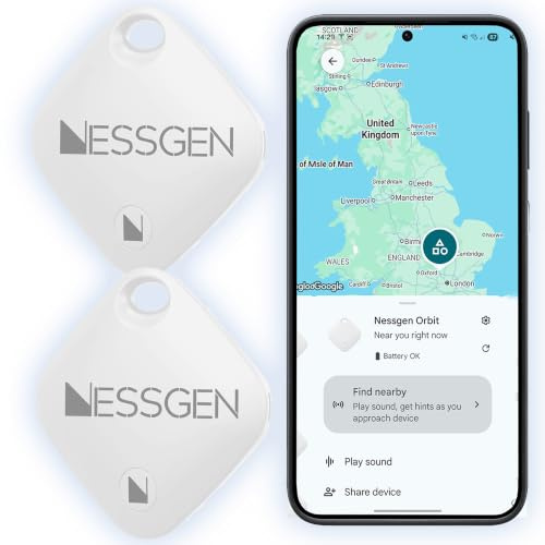 Android Tracker Tags (2-Pack) – Works with Google Find My Device | Bluetooth Smart Tag for Keys, Wallet, Pets, Luggage, Bike & Bags | Android-Only Item Locator with Free Case's & Spare Battery | White