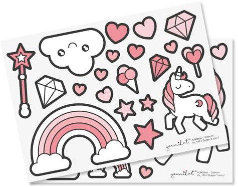 #detailverliebt 25 Einhorn-Sticker I DIN A4 Bogen I Mädchen Einhorn-Aufkleber für Fahrrad-Helm, Laptop, Tablet, Handy, Scrapbooking, Kinder-Geburtstag, Schultüte oder als Geschenkidee I dv149