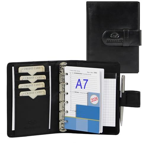 ALMADIH Leder A7 Terminplaner Kalender 2026 Notizblock Premium Rindsleder SCH in Geschenkbox – Ledermappe Mappe Schreibmappe Organizer Terminkalender Ringbuch Pocket Kompakt (A7 Term schwarz)