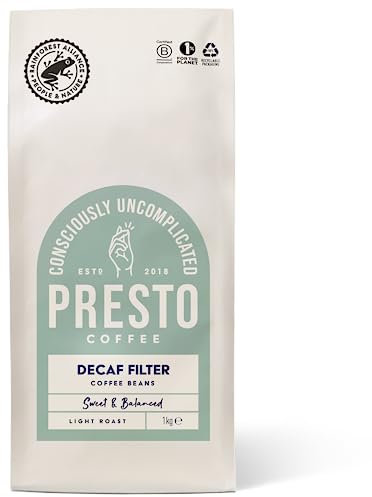 Presto Coffee | Decaffeinated Speciality Coffee Beans 1kg | Light Roast | Chocolatey & Peanuty | Rainforest Alliance Certified 50% Arabica / 50% Robusta | Perfect for Bean-to-Cup Coffee Machines