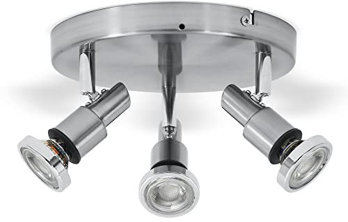 B.K.Licht Plafoniera LED da soffitto con faretti orientabili per bagno resistente agli schizzi d'acqua IP44, include 3 lampadine GU10 5W, metallo color nickel opaco, faretti LED luce calda 3000K, 230V