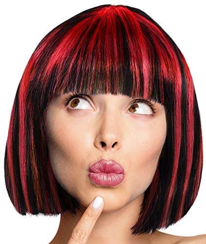 Balinco – Bob Perücke für Damen & Herren Schwarz & rote Strähnen – Kurzhaarperücke Pagenkopf, Cabaret & Charleston für Karneval, Fasching & Motto Party – Einheitsgröße Unisex aus Polyester & Haarnetz