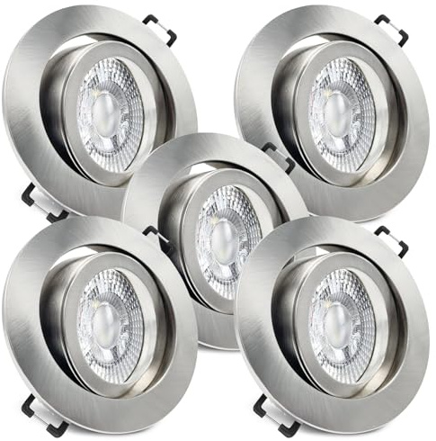trendlights24 Premio LED Einbaustrahler flach 3 Step dimmbar 230V 5W 5x Set | Edelstahl Optik, rund, extra flach, 35mm ET, Spot, 3 Stufen dimmbar, Warmweiß, 3000k, austauschbar, Deckenspot, schwenkbar