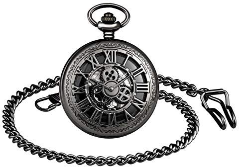 Unendlich U Herren Unisex Retro Taschenuhr mit Halskette Römische Ziffern Steampunk Skelett Taschenuhren Mechanische Handaufzug Kettenuhr Geschenk für Geburtstag Jahrestag Tag Weihnachten Vatertag