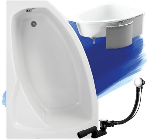 BADLAND Badewanne Original Weiß Acryl Wanne Eckbadewanne FRIDA 150x100 Links KOMPLETTSET SET mit Premium Styroporverkleidung + Füßen und Exklusive Chrom Automatik Ablaufgarnitur Made in EU 4in1